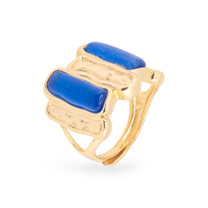 Bague Bronze Oeil de Chat 20x22mm Avec 2 Pierres Taille Ajustable Doré Bleu