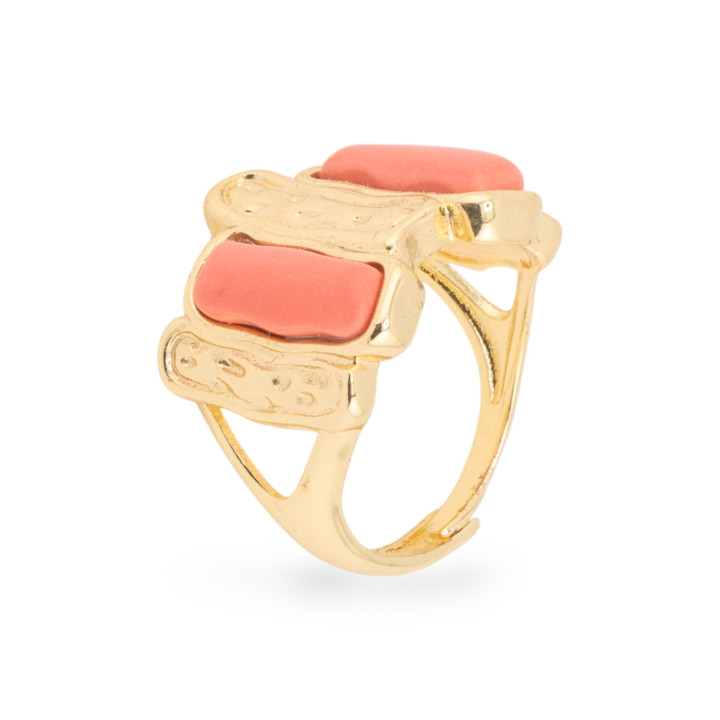 Anello Di Bronzo Con Occhio Di Gatto 20x22mm Con 2 Pietre Misura Regolabile Dorato Corallo