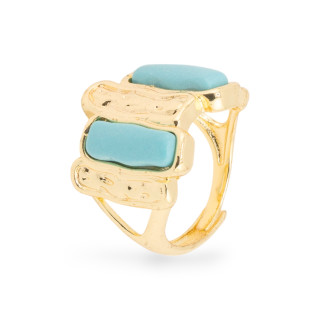 Bronze Ring With Cat's Eye 20x22mm With 2 Stones Adjustable Size Gold Turquoise