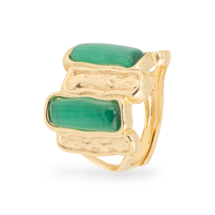 Bague Bronze Oeil de Chat 20x22mm Avec 2 Pierres Taille Ajustable Doré Vert