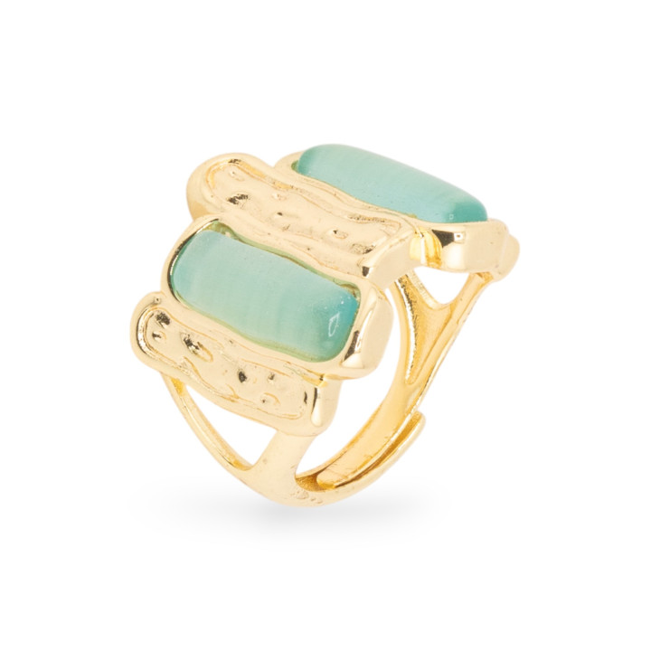 Bague Bronze Oeil de Chat 20x22mm Avec 2 Pierres Taille Ajustable Doré Vert Aqua