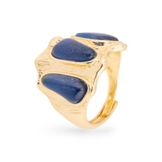 Bronze Ring With Cat's Eye 21x23mm With 3 Stones Adjustable Size Gold Blue