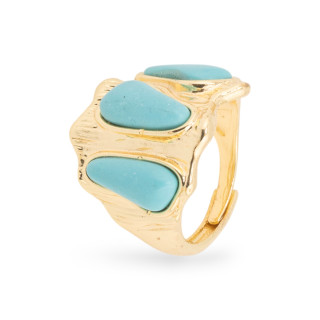 Anillo De Bronce Con Ojo De Gato 21x23mm Con 3 Piedras Tamaño Ajustable Turquesa Dorada