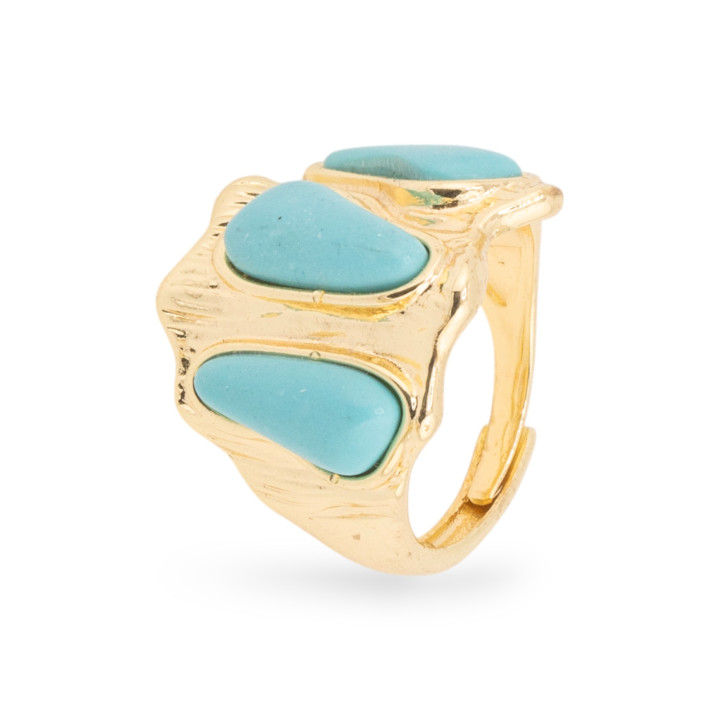 Anello Di Bronzo Con Occhio Di Gatto 21x23mm Con 3 Pietre Misura Regolabile Dorato Turchese