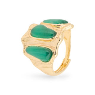 Bronze Ring With Cat's Eye 21x23mm With 3 Stones Adjustable Size Gold Green