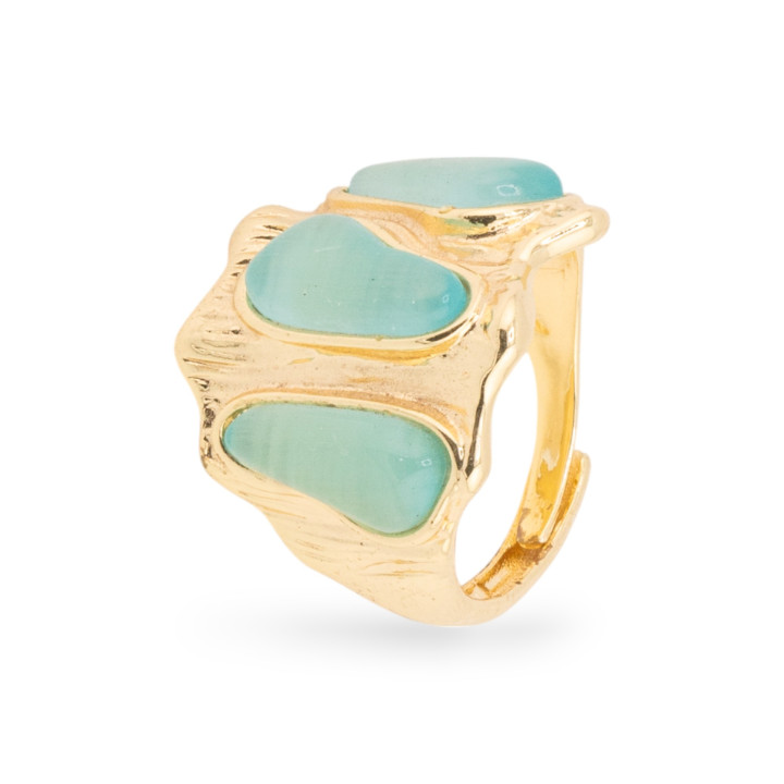 Bague Bronze Oeil de Chat 21x23mm Avec 3 Pierres Taille Ajustable Doré Vert Aqua
