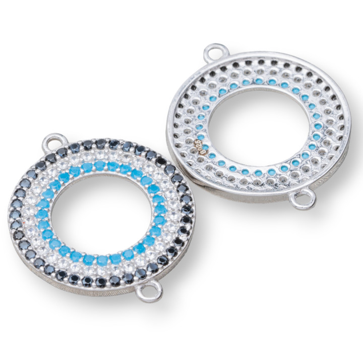 Componente Connettore Di Argento 925 Con Zirconi Micropave Tondo Ciambella Con 2 Anellini 17mm 4pz Rodiato