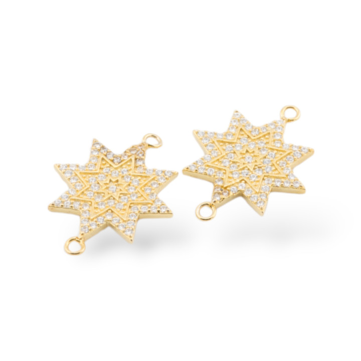 Componente Connettore Di Argento 925 Con Zirconi Stella A 8 Punte Con 2 Anellini 16,5mm 6pz Dorato