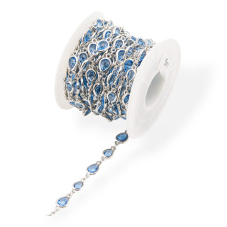 Messing-Rosenkranzkette mit Katzenauge-Cabochon-Tropfen, 6,5 x 8,5 mm, 5 Meter, rhodiniert, hellblau