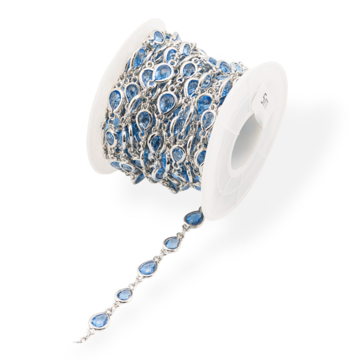 Cadena de rosario de latón con cabujón en forma de ojo de gato 6,5x8,5 mm, 5 metros, rodiado, azul claro