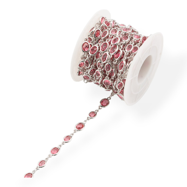 Cadena Rosario De Latón Con Cabujón Ovalado Ojo De Gato 5.5x7.0mm 5 Metros Chapado En Rodio Rojo