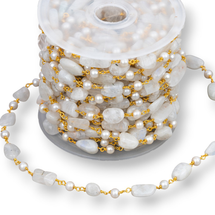 Brass Rosary Chain With Natural Stones And Beads 10 Meters Gold White Moonstone