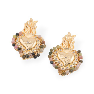 Multi-strand Bronze Central Component With Hard Stones And Zircons 18x30mm 4pcs Gold Tourmaline