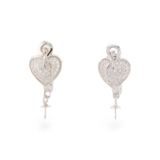 925 Silver Earring Base With Zircons Closed Pin Heart 10x22mm 1 Pair Rhodium Plated