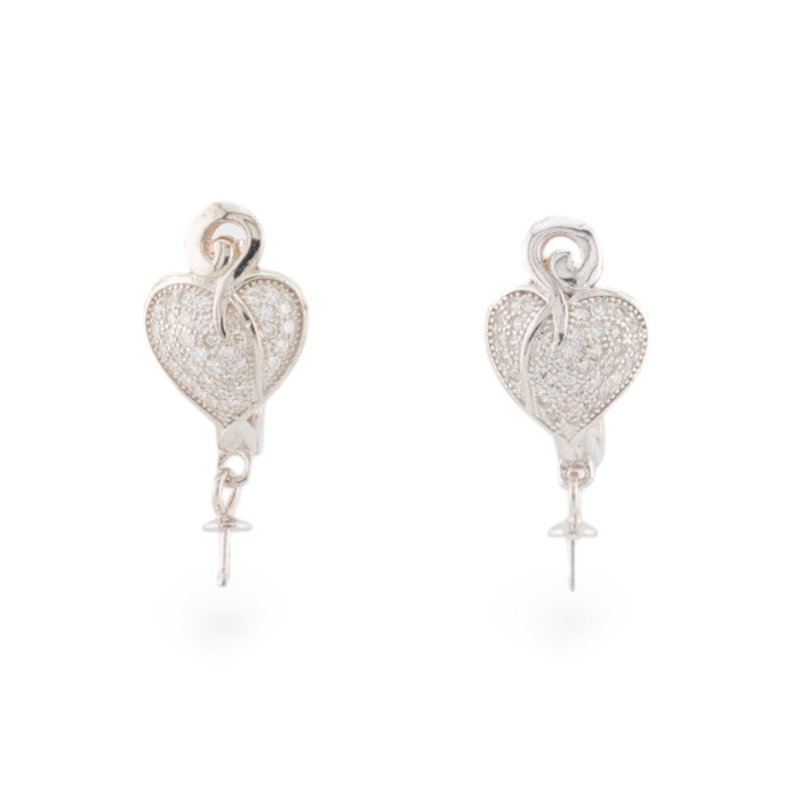 Base Pour Boucles D'Oreilles En Argent 925 Avec Zircons Clous Fermé Coeur 10x22mm 1 Paire Plaqué Rhodium