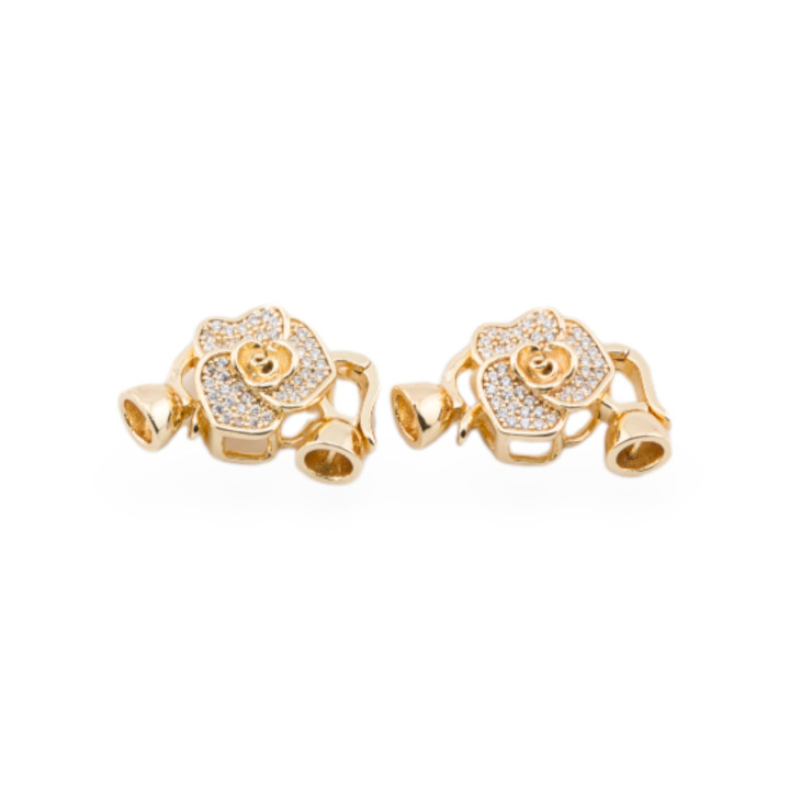 Chiusura Di Bronzo Con Zirconi Fiore 13x32mm Coppette Da 6mm 5pz Dorato