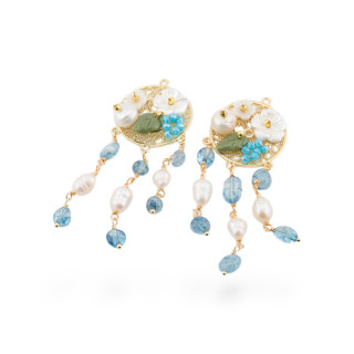 Componente Di Bronzo Con Pietre Dure e Perle Filigrana 2pz Dorato Cristallo Di Rocca Blu