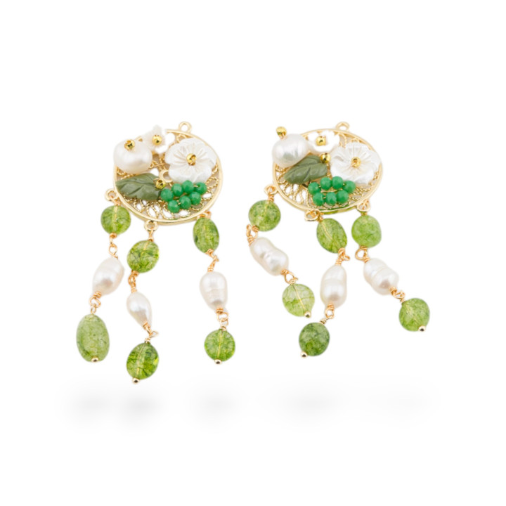 Bronzekomponente mit Halbedelsteinen und filigranen Perlen, 2 Stück goldener Bergkristall-Peridot