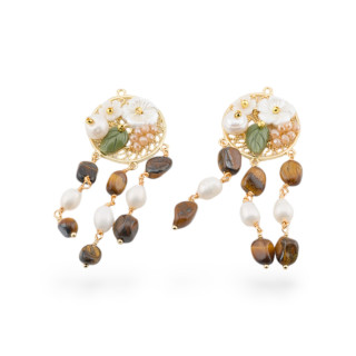 Componente de bronce con piedras semipreciosas y perlas de filigrana 2 piezas Ojo de tigre dorado