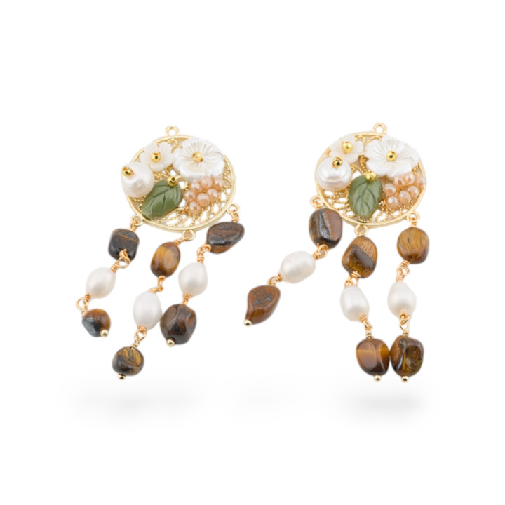 Componente Di Bronzo Con Pietre Dure e Perle Filigrana 2pz Dorato Occhio Di Tigre