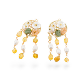 Componente Di Bronzo Con Pietre Dure e Perle Filigrana 2pz Dorato Quarzo Citrino