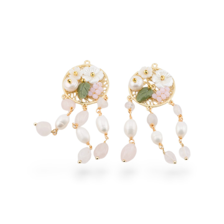 Componente Di Bronzo Con Pietre Dure e Perle Filigrana 2pz Dorato Quarzo Rosa