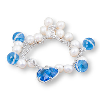 925 Silver Chain Bracelet With River Pearls And Indigo Blue Faceted Zircons 19cm+1.5cm With Heart Pendant