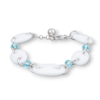 Bracciale Di Argento 925 Con Agata Bianca Maglia Marina E Zirconi Celeste 17cm + 2,5cm