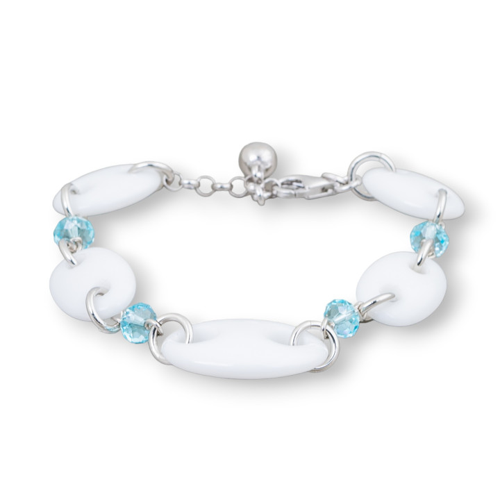 Bracelet en argent 925 avec maille marine d'agate blanche et zircons bleu clair 17 cm + 2,5 cm