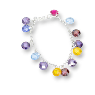 Bracelet en argent 925 avec chaîne et pendentif facetté multicolore zircons 18,5 cm + 2,5 cm