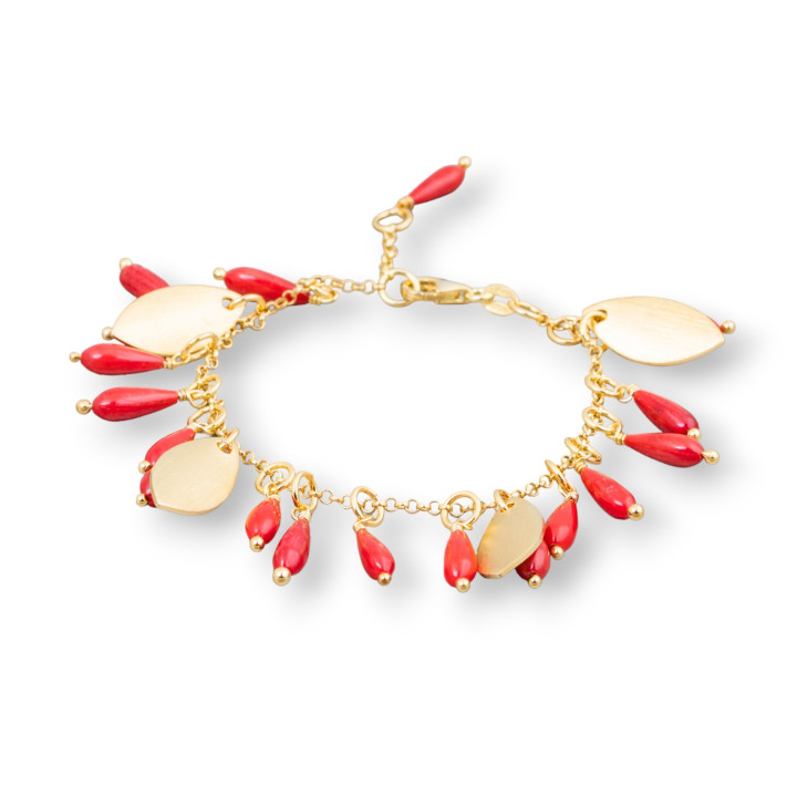 925 Silver Bracelet With Gold Plated Chain Of Bamboo Coral Drops And Satin Leaves 18cm + 3cm