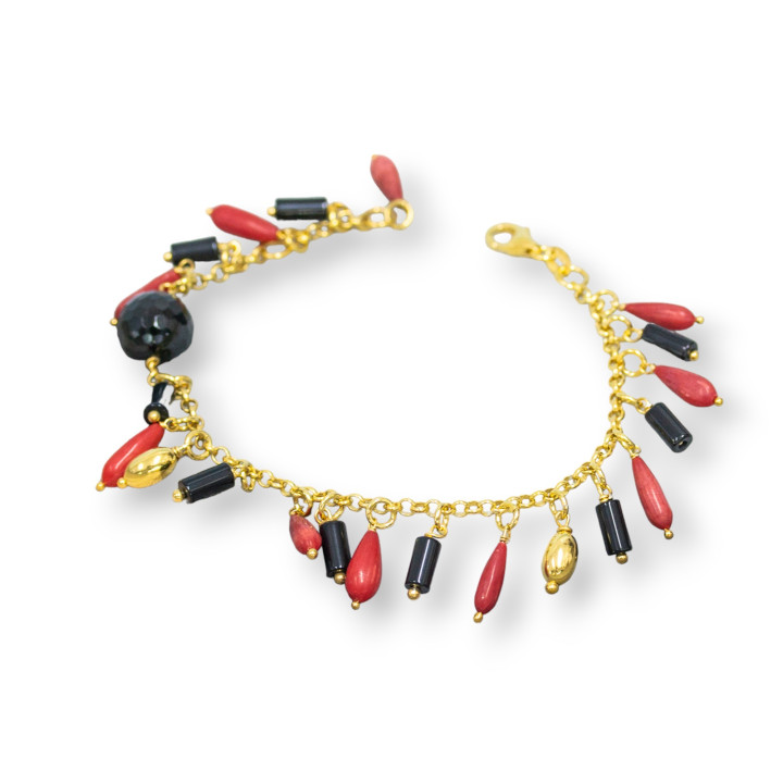 925 Silver Bracelet With Gold Plated Chain Of Coral Bamboo Drops And Onyx Shapes 19cm + 2.5cm