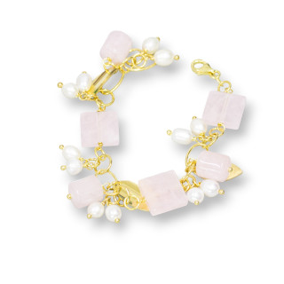 Pulsera De Plata 925 Con Cadena Chapada En Oro De Formas De Cuarzo Rosa Y Perlas De Río Arroz 18.5cm