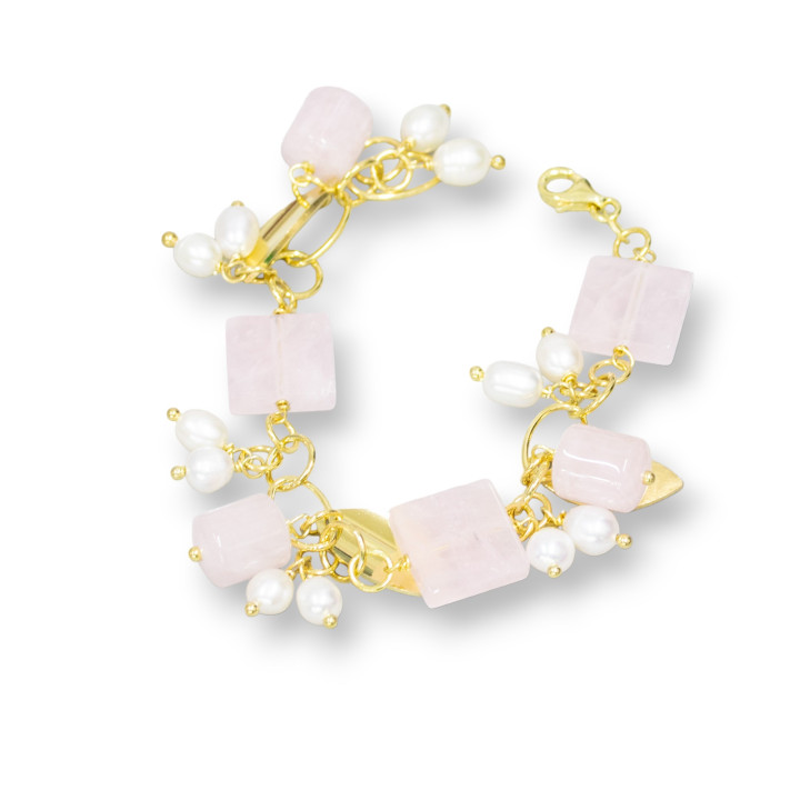 925 Silver Bracelet With Gold Plated Chain Of Rose Quartz Shapes And Rice River Pearls 18.5cm
