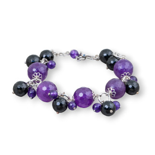 Bracciale Di Argento 925 Giada Coreana Viola E Onice Sfaccettato Con Coppette Fiore 19cm + 3,5 cm