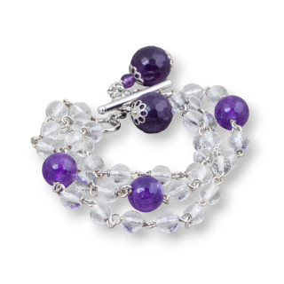 Bracelet chapelet en argent 925 avec cristal de roche facetté et jade violet avec fermoir et pendentif