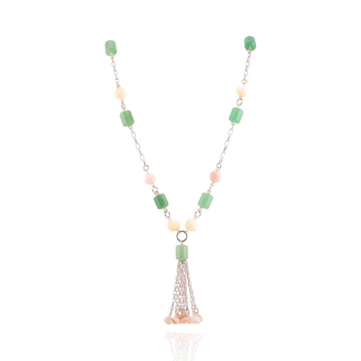 Halskette aus 925er Silber mit rosa Opal-Perlmutt und Aventurin 77+7 cm mit 6 cm Anhänger