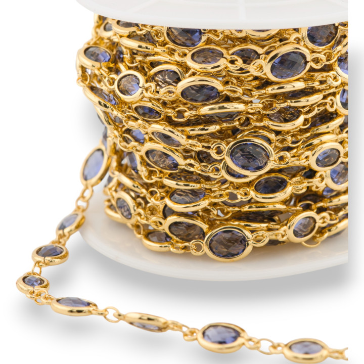 Chaîne Chapelet en Laiton avec Cabochon Ovale Oeil de Chat 5,5x7,0mm 5 Mètres Violet Doré