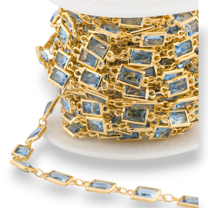 Cadena rosario de latón con cabujón ojo de gato rectangular 5,5x7,5 mm 5 metros azul claro dorado