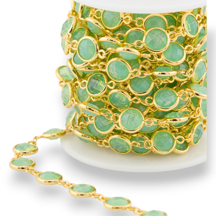 Cadena Rosario De Latón Con Cabujón Redondo Ojo De Gato 10mm 5 Metros Verde Agua Dorado