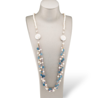 Bijoux Collar Con Hematites, Piedras Semipreciosas, Hematites Con 3 Hileras Anudadas 90cm MOD3 Cuarzo Azul