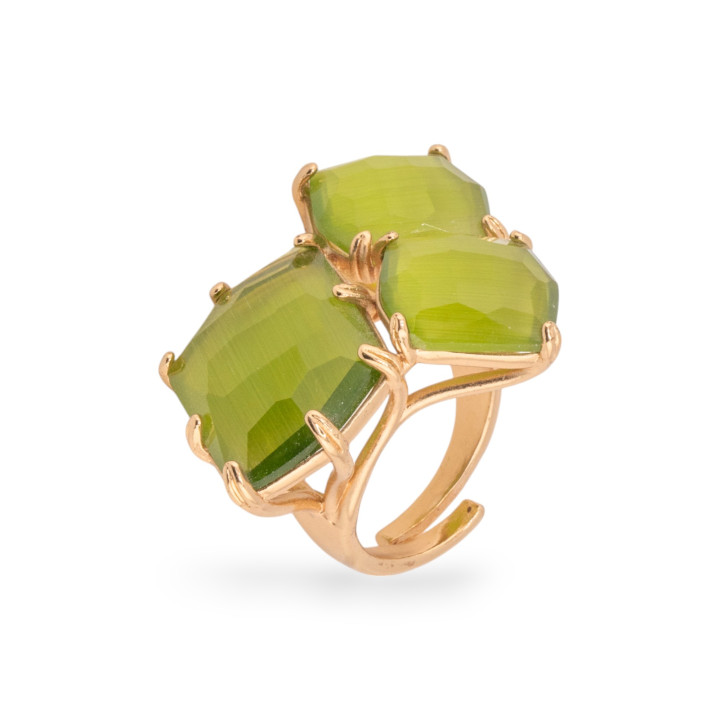 Bague Bronze Oeil De Chat 30x38mm Taille Ajustable Doré Vert Clair
