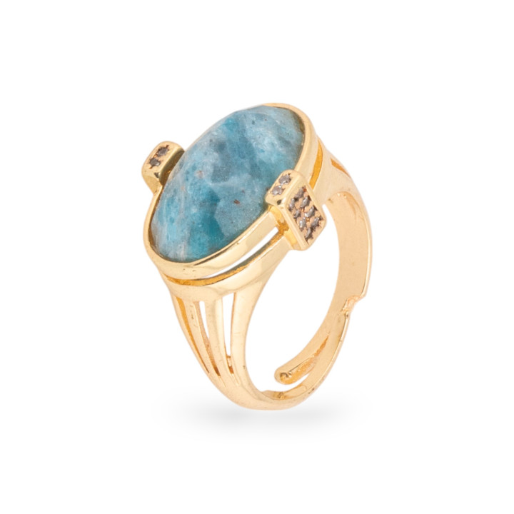 Bague en bronze avec pierres semi-précieuses et zircons sertie ovale 18x18mm taille réglable Apatite dorée