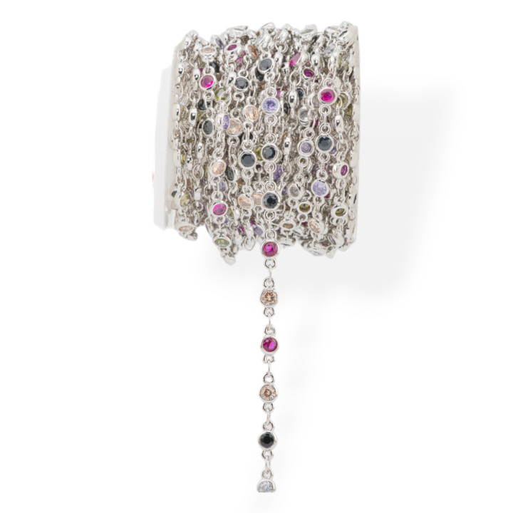 Messingkette mit Zirkonen im Brillantschliff, 4 mm, 1 Meter, rhodiniert, mehrfarbig