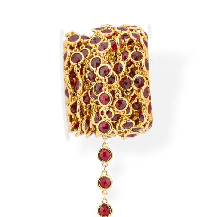 Chaîne Chapelet en Laiton avec Cabochon Oeil de Chat 7,5 mm 1 Mètre Rouge Rubis Doré