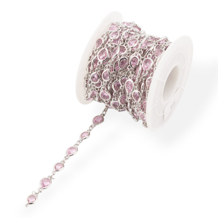 Brass Rosary Chain With Cat's Eye Cabochon Drop 6.5x8.5mm 1 Meter Rhodium Plated Pink Transparent