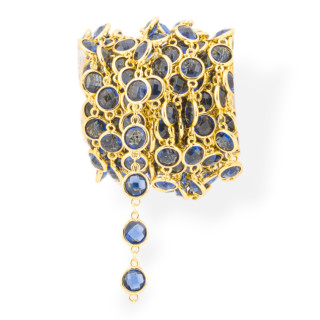 Chaîne chapelet en laiton avec cabochon rond oeil de chat 10mm 1 mètre gemme transparente bleu doré