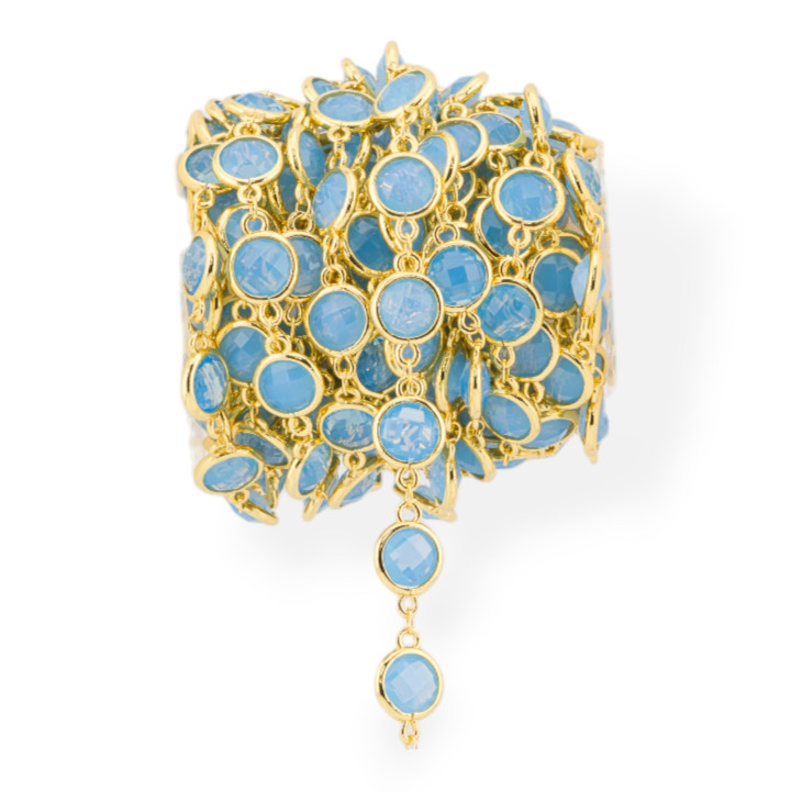 Catena Rosario Di Ottone Con Occhio Di Gatto Cabochon Tondo 10mm 1 Metro Dorato Celeste