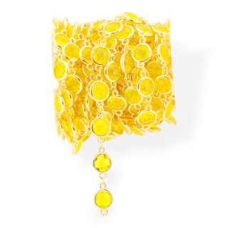 Chaîne Chapelet en Laiton avec Cabochon Rond Oeil de Chat 10mm 1 Mètre Opale Jaune Doré