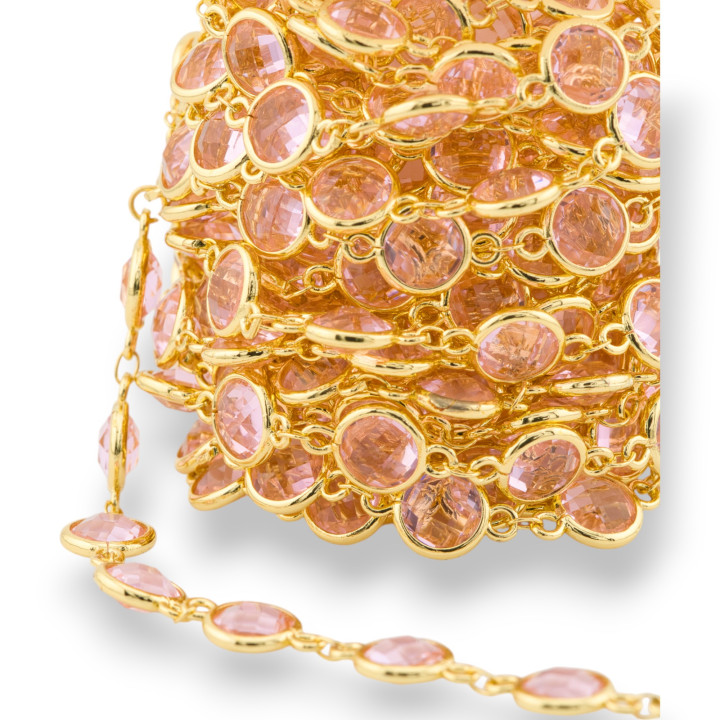 Catena Rosario Di Ottone Con Occhio Di Gatto Cabochon Tondo 10mm 1 Metro Dorato Rosa Trasparente